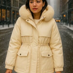 Elegant Cream Fur-Trimmed Women's Puffer Jacket